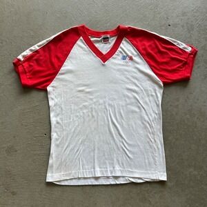 Vintage 80s Levis USA Olympics Shirt Size Large White Red V Neck 1984 Sports